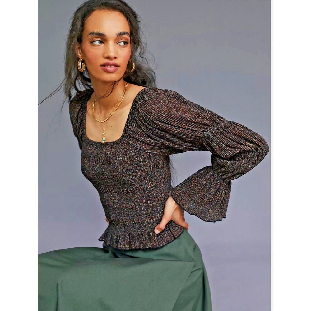 Anthropologie bishop sleeve puff bell smocked top blouse metallic black brown S